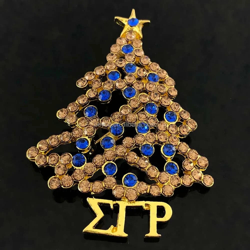 classic / sgr / Blue White Zinc Plated Greek Letter SGR Sorority Sigma Gamma Rho Symbol Christmas Tree Blue Yellow Rhinestone Polygonal Star Metal Brooch Jewelry Gift