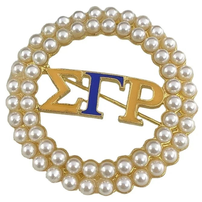 classic / SGR / Gold Plated Sigma Gamma Rho Round Circle Blue Yellow Rhinestones white Pearl brooches for women Brooch Lapel Pin Jewelry