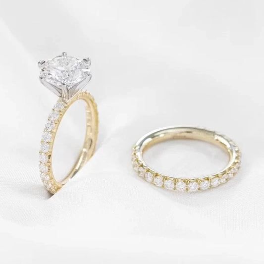 Classic six prongs 2-tone real 18K gold 3ct round mossanite diamond wedding rings set moissanite jewelry