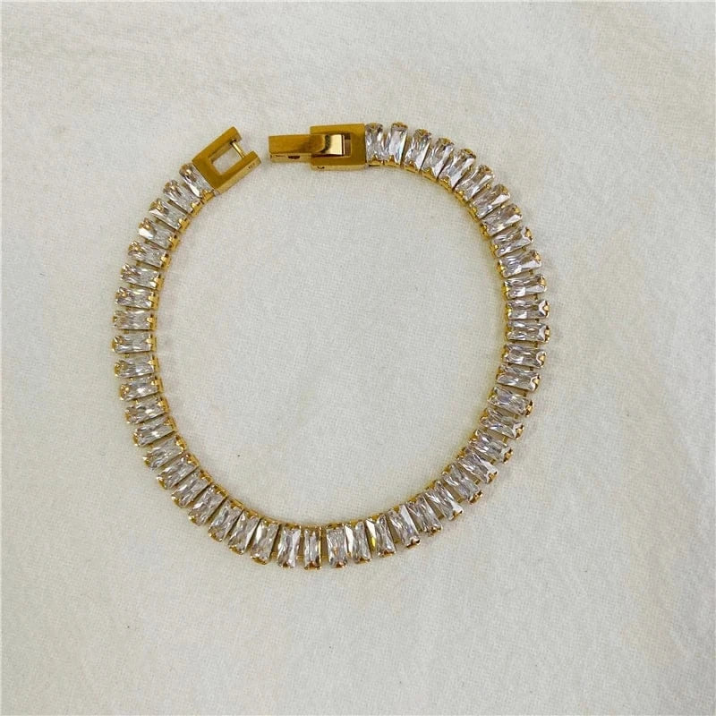 Clear bracelet 17cm Luxury Non Tarnish & Waterproof Shiny Baguette Tennis 18K Gold Plated Statement Zirconia Stainless Steel crystal Jewelry