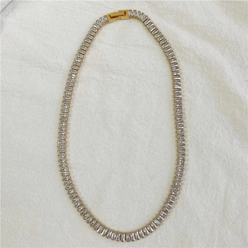 Clear necklace 41cm Luxury Non Tarnish & Waterproof Shiny Baguette Tennis 18K Gold Plated Statement Zirconia Stainless Steel crystal Jewelry
