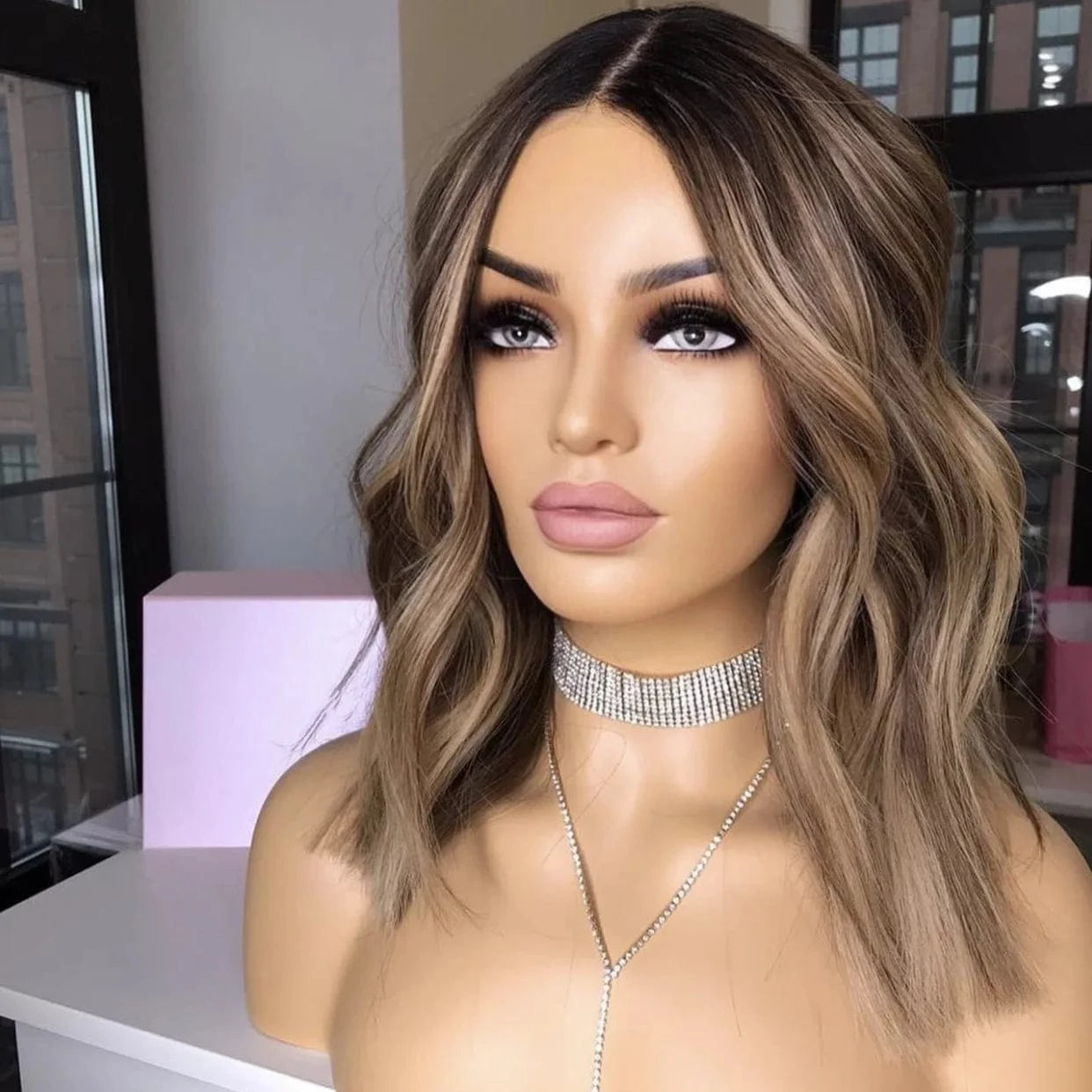 Clip In Hair Dark Brown Highlight Color Short Bob Wave Cut Wig Virgin European Cuticle Human Hair Lace Front Wigs