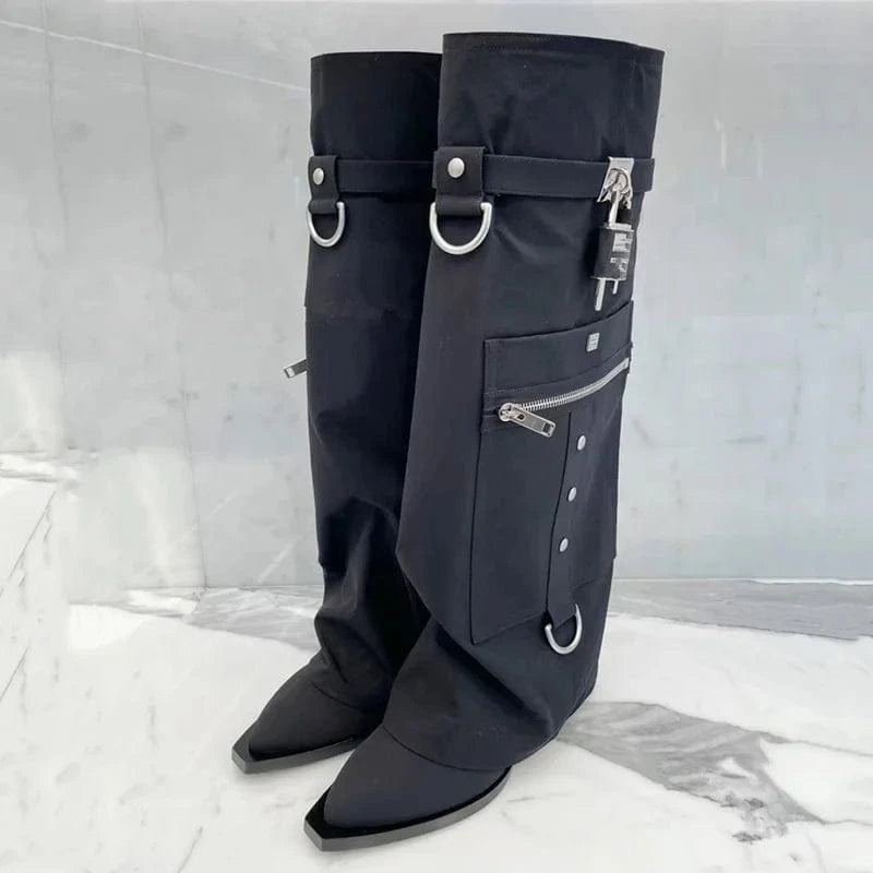 Cloth Overlay Knee High Pockets Pants Boots Women Wedge Heels Shoes Folded Over Upper Pointed toe Metal Shark Lock Booties