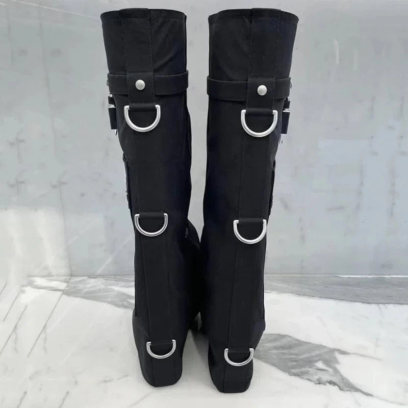 Cloth Overlay Knee High Pockets Pants Boots Women Wedge Heels Shoes Folded Over Upper Pointed toe Metal Shark Lock Booties