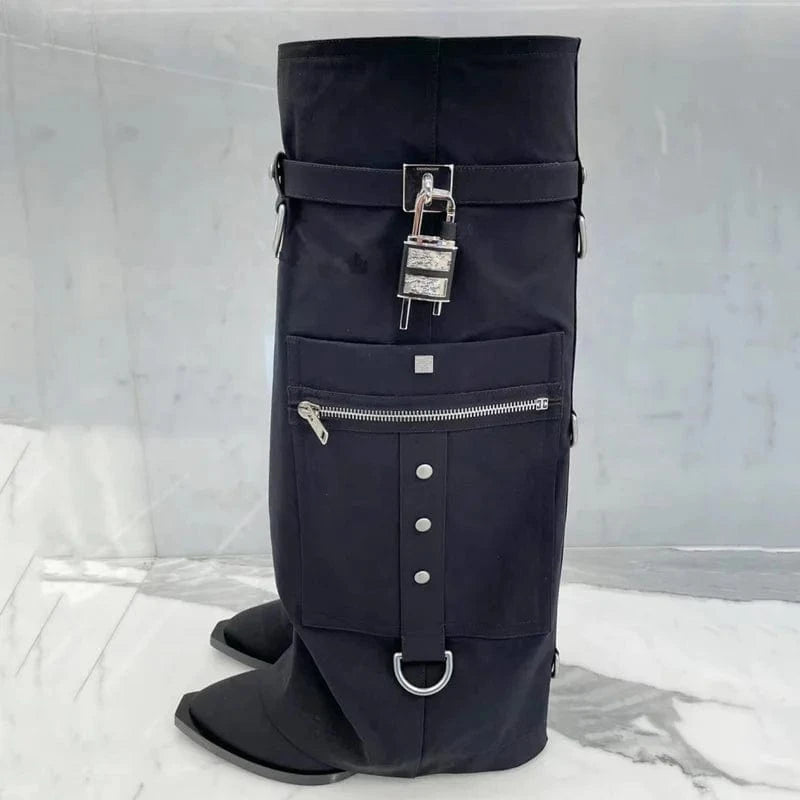 Cloth Overlay Knee High Pockets Pants Boots Women Wedge Heels Shoes Folded Over Upper Pointed toe Metal Shark Lock Booties
