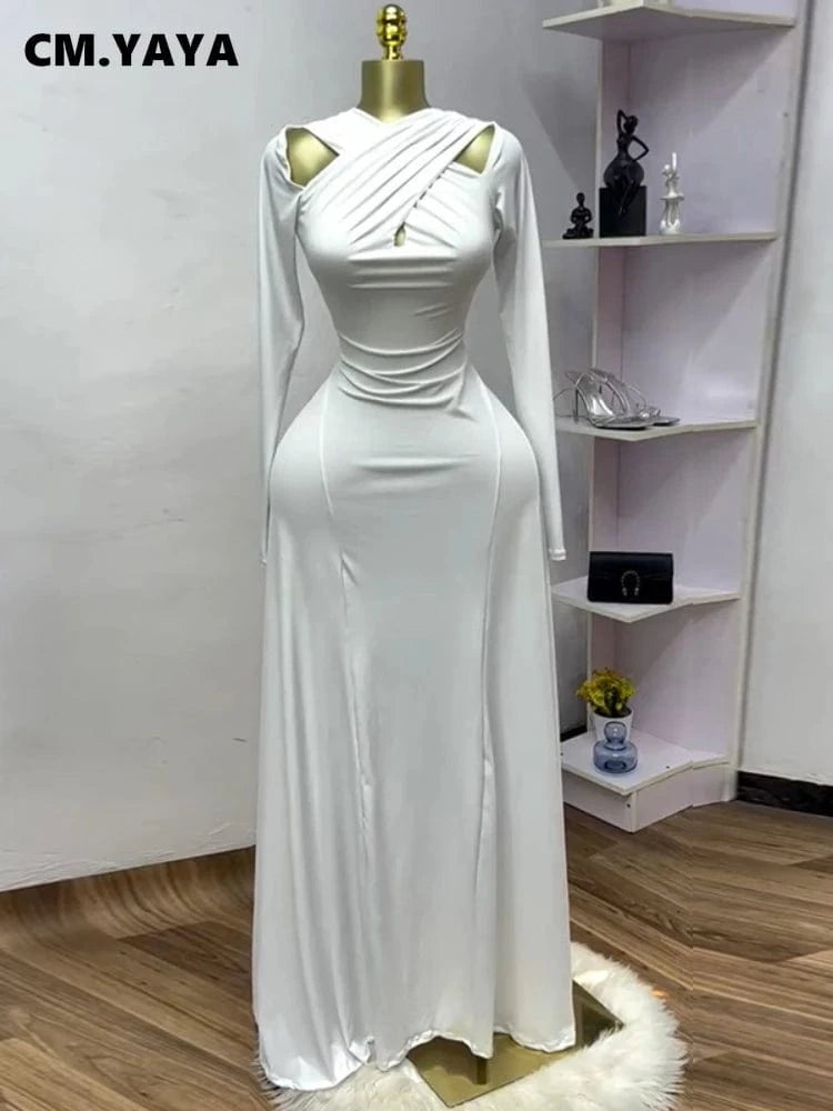 CM.YAYA 2025 Summer Women O-neck Long Sleeve Mermaid Maxi Dress Birthday Beach Sexy Night Party Club Long Dresses