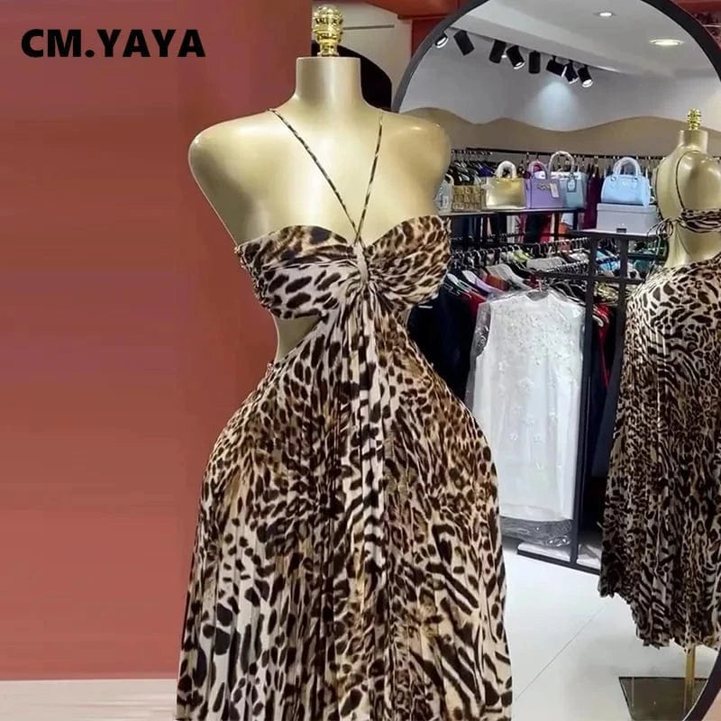 CM.YAYA Elegant Women  Leopard Print Sleeveless Strapless Floor-Length Long Dress 2025 Beach Party Birthday Sexy Pleated Dresses