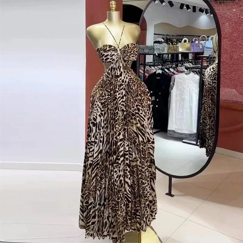 CM.YAYA Elegant Women  Leopard Print Sleeveless Strapless Floor-Length Long Dress 2025 Beach Party Birthday Sexy Pleated Dresses