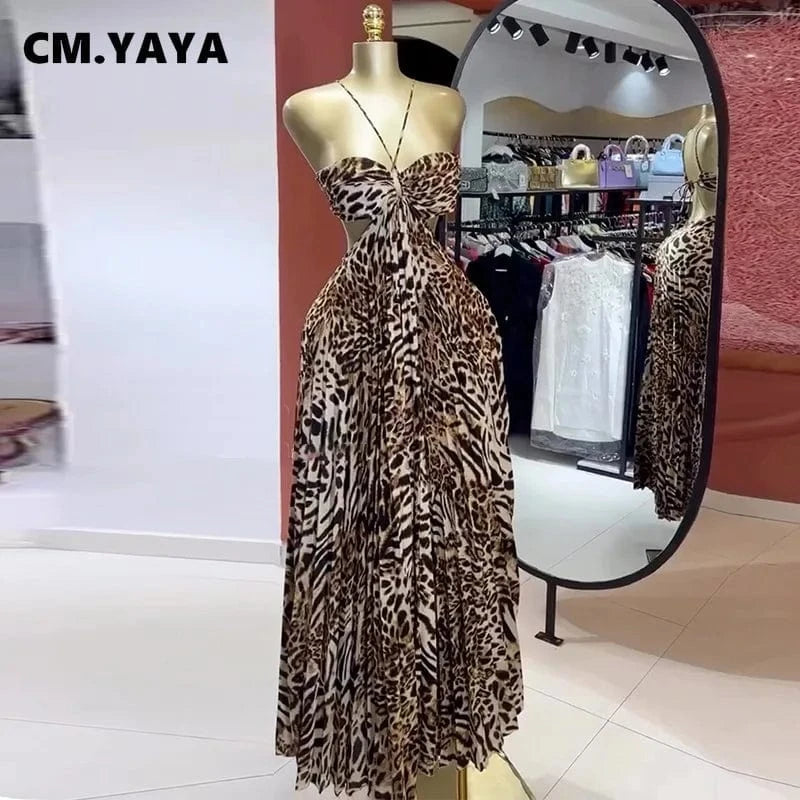 CM.YAYA Elegant Women  Leopard Print Sleeveless Strapless Floor-Length Long Dress 2025 Beach Party Birthday Sexy Pleated Dresses
