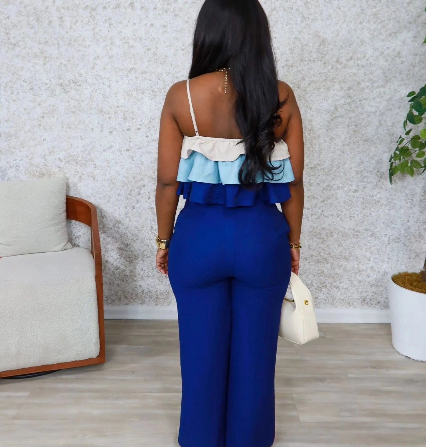 CM.YAYA Fashion Party Women's Set Patchwork Cascading Ruffles Strap Crop Top and Wide Leg Suit 2025 Chic Two 2 Piece Sets Outfit