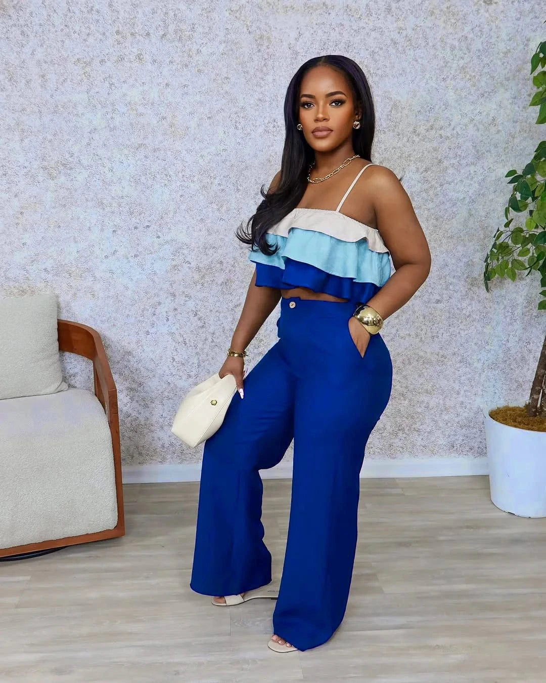 CM.YAYA Fashion Party Women's Set Patchwork Cascading Ruffles Strap Crop Top and Wide Leg Suit 2025 Chic Two 2 Piece Sets Outfit