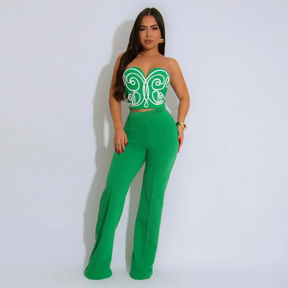 CM.YAYA Sexy Party Women's Set Striped Splicing Strapless Crop Top and Wide Leg Pants 2025 Two 2 Piece Sets Outfit Tracksuits