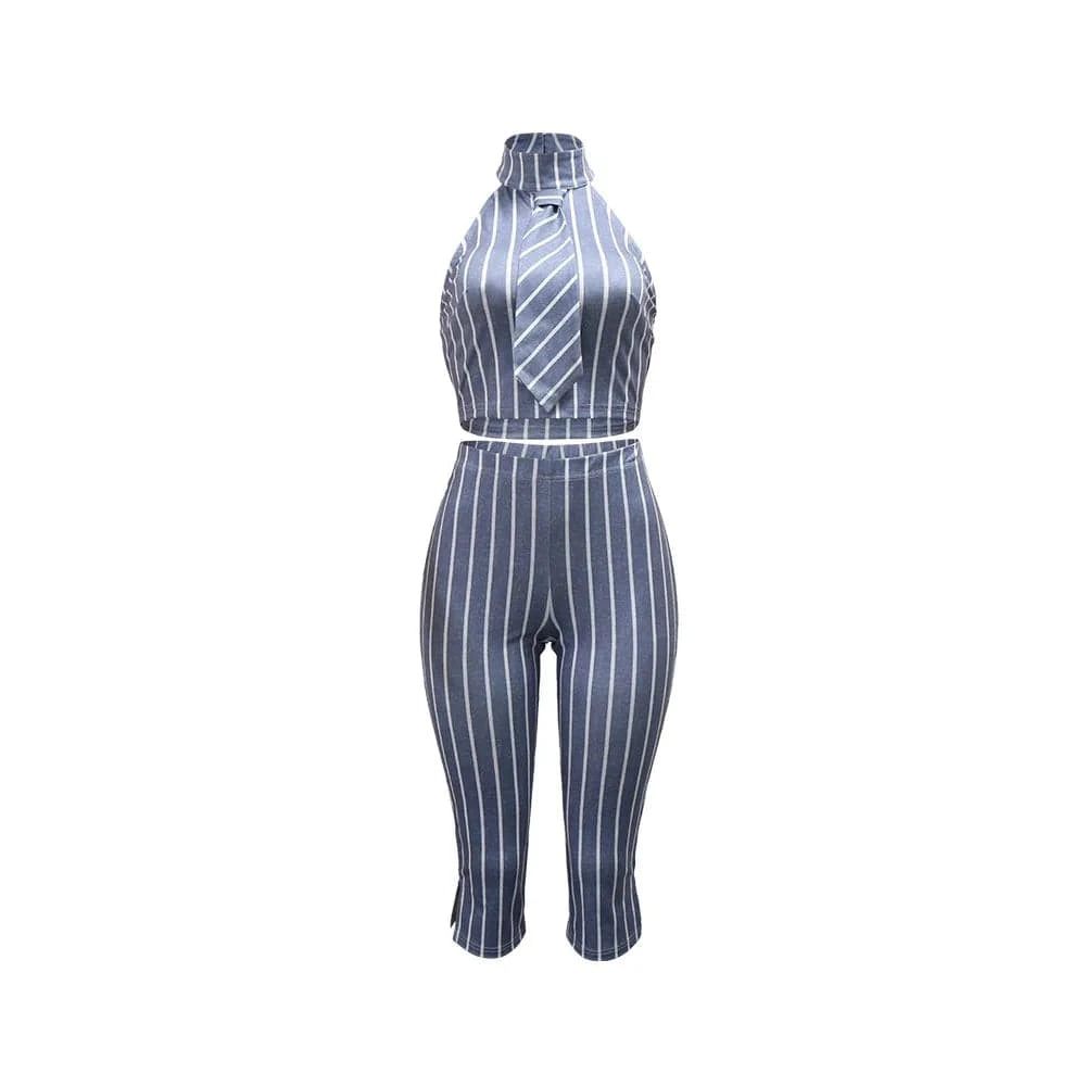 CM.YAYA Striped Printed Women's Set Sleeveless Necktie Tops and Leggings Pants 2025 Sexy Party Two 2 Piece Sets Outfit Tracksuit