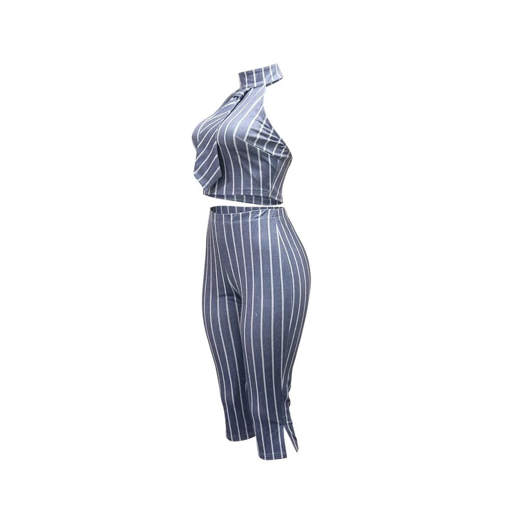 CM.YAYA Striped Printed Women's Set Sleeveless Necktie Tops and Leggings Pants 2025 Sexy Party Two 2 Piece Sets Outfit Tracksuit