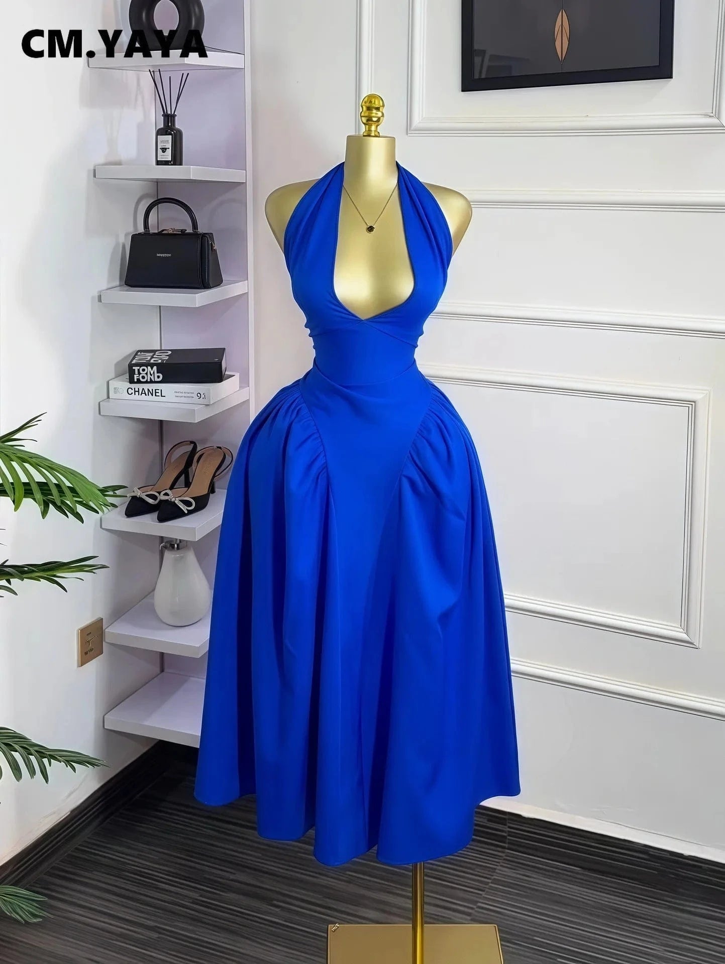 CM.YAYA Women Halter V-neck Backless Sleeveless Big Swing Bodycon Mid Maxi Long Dress 2025 Vacation Sexy Party Evening Dresses