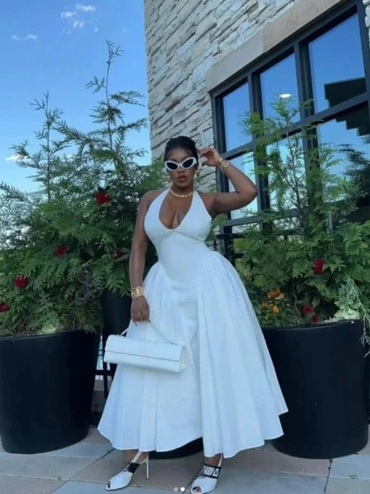 CM.YAYA Women Halter V-neck Backless Sleeveless Big Swing Bodycon Mid Maxi Long Dress 2025 Vacation Sexy Party Evening Dresses