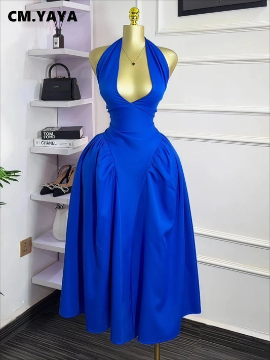 CM.YAYA Women Halter V-neck Backless Sleeveless Big Swing Bodycon Mid Maxi Long Dress 2025 Vacation Sexy Party Evening Dresses