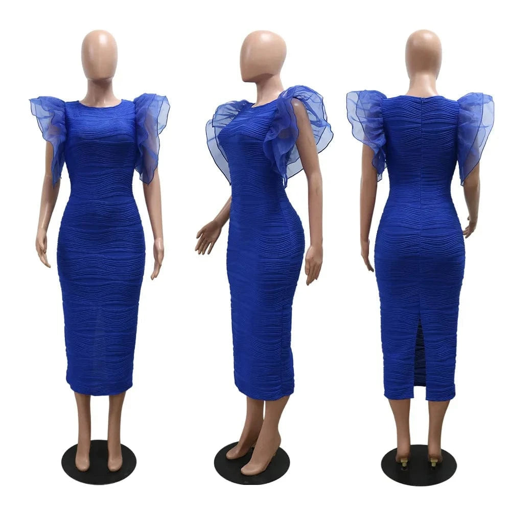 CM.YAYA Women Ruffles Short Sleeve O-neck Striped Knee Length Dress Street Vestidos Sexy Night Club Party Evening Chic Dresses