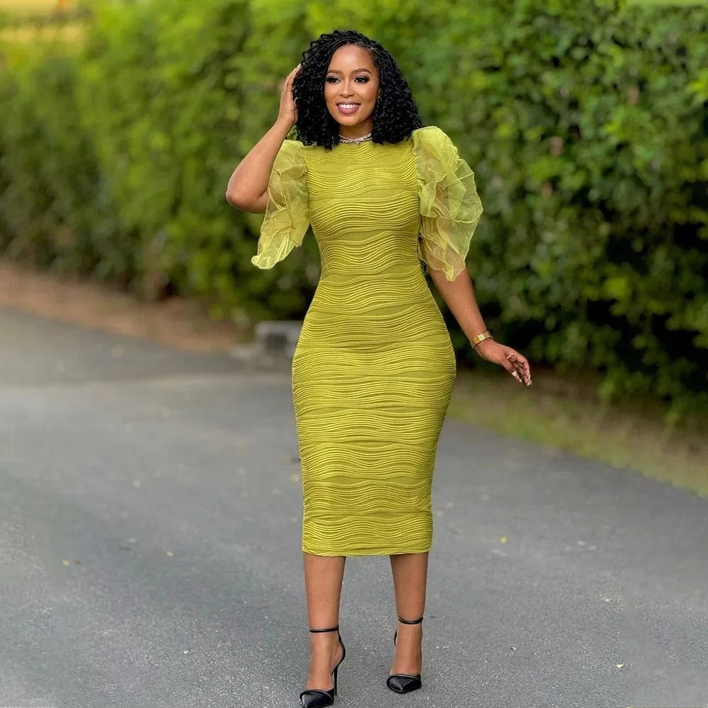 CM.YAYA Women Ruffles Short Sleeve O-neck Striped Knee Length Dress Street Vestidos Sexy Night Club Party Evening Chic Dresses