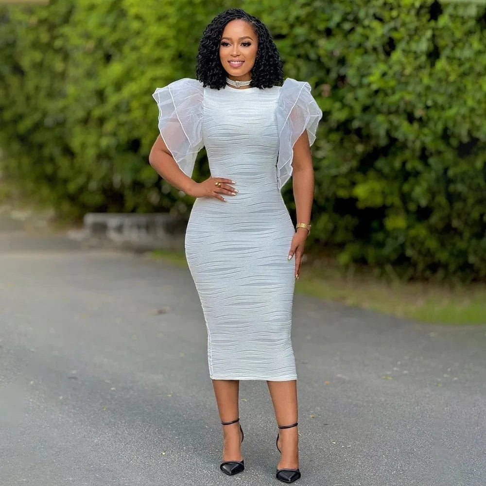 CM.YAYA Women Ruffles Short Sleeve O-neck Striped Knee Length Dress Street Vestidos Sexy Night Club Party Evening Chic Dresses