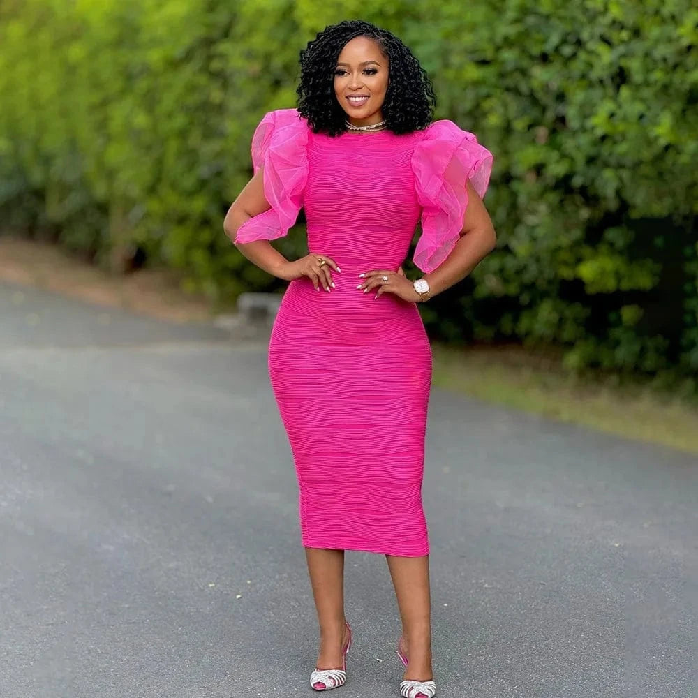 CM.YAYA Women Ruffles Short Sleeve O-neck Striped Knee Length Dress Street Vestidos Sexy Night Club Party Evening Chic Dresses