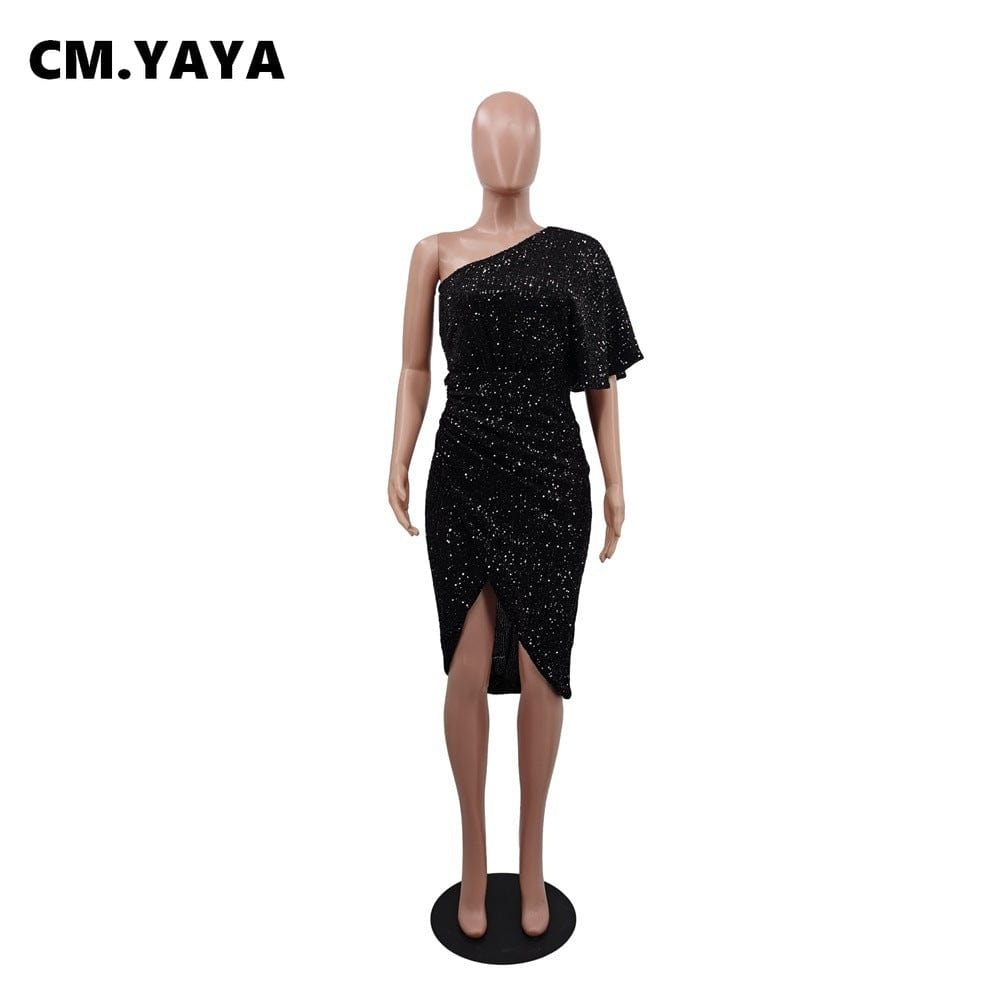 CM.YAYA Women Sequined Batwing Sleeve One Shoulder Skew Neck Draped Bodycon Midi Dress Sexy Night Party Pencil Dresses