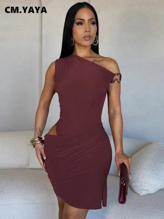 CM.YAYA Women Sleeveless Diagonal Collar Slim Mini Dress 2025 Holiday Beach Birthday Evening Sexy Girl Party Dresses Vestidos