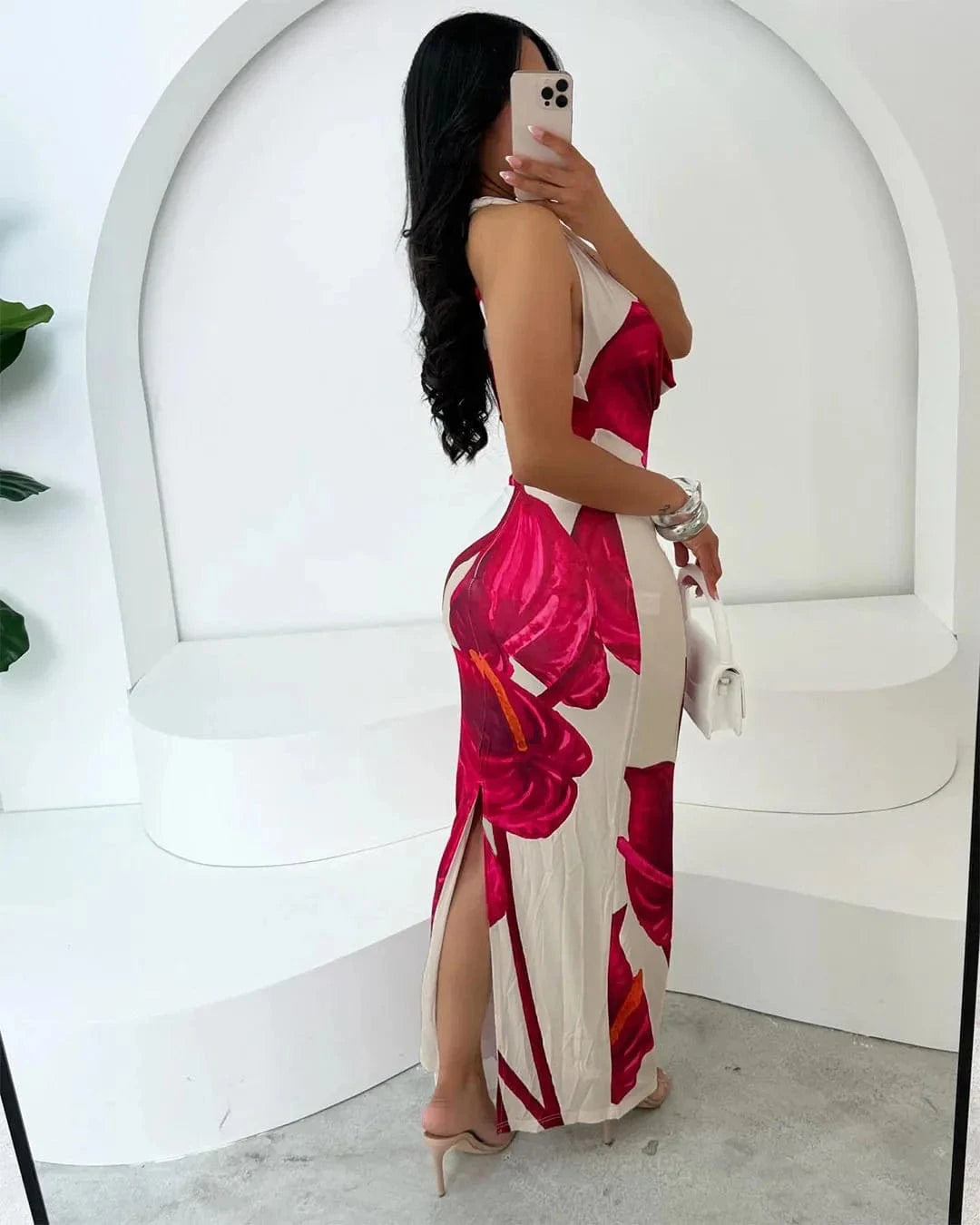 CM.YAYA Women Sleeveless floral Print pile neck backless bodycon midi maxi Dress Summer Evening Sexy Party long Dresses Vestidos