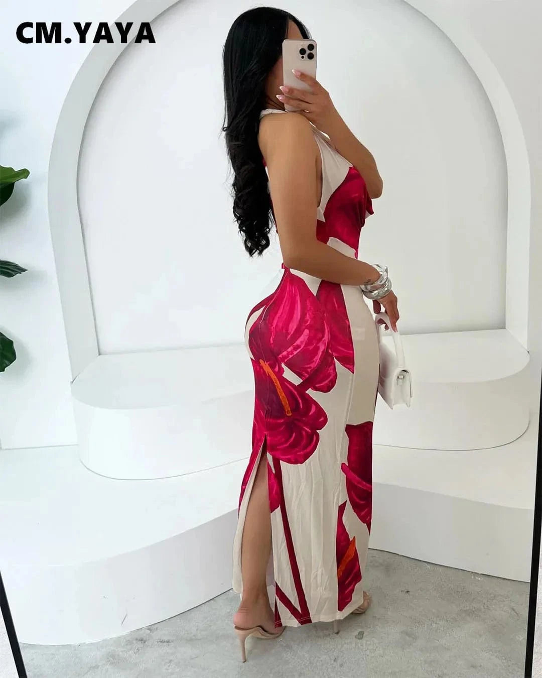CM.YAYA Women Sleeveless floral Print pile neck backless bodycon midi maxi Dress Summer Evening Sexy Party long Dresses Vestidos