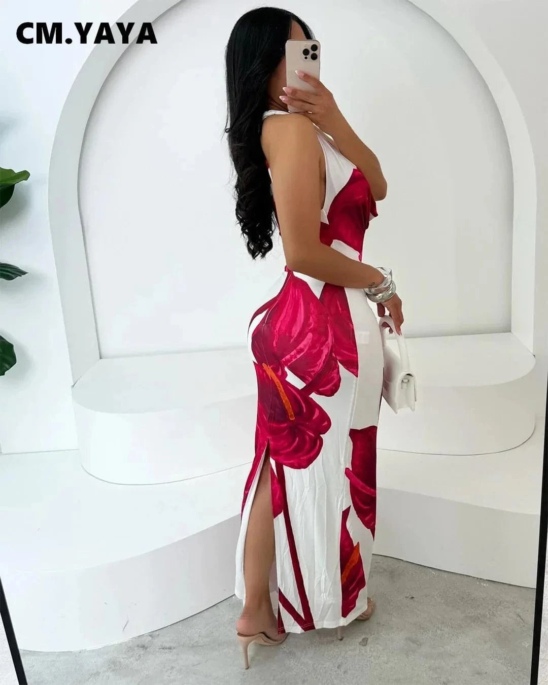 CM.YAYA Women Sleeveless floral Print pile neck backless bodycon midi maxi Dress Summer Evening Sexy Party long Dresses Vestidos