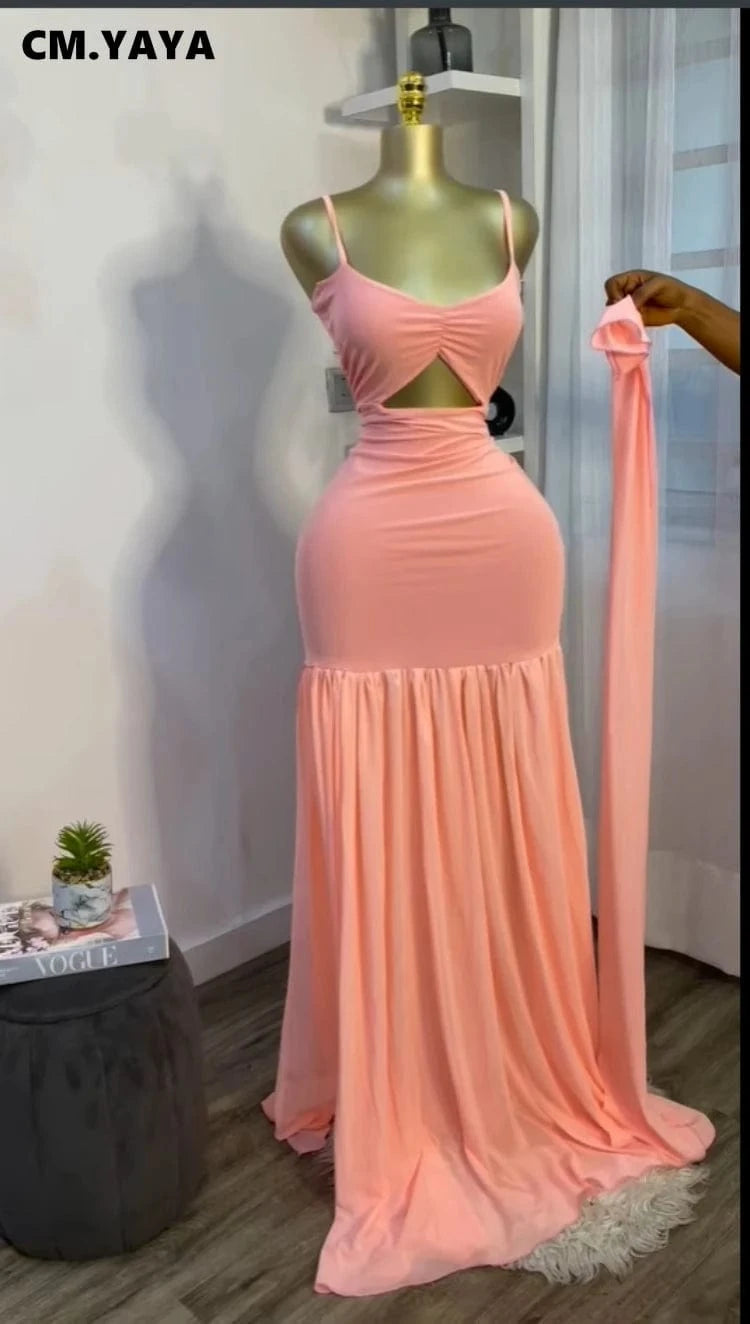 CM.YAYA Women Sleeveless Strap Ruched V-neck Pleated Side Split A-line Midi Maxi Long Dress 2025 Birthday Sexy Party Dresses