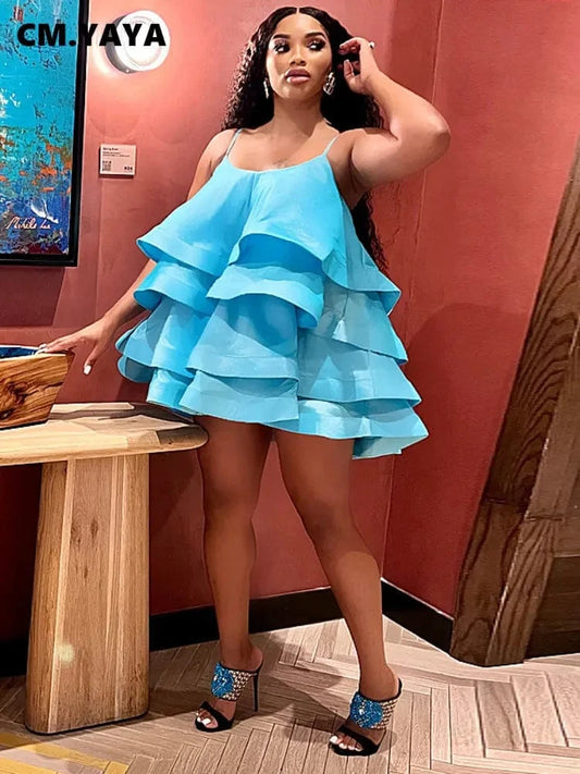 CM.YAYA Women Spaghetti Strap Tierred Big Swing Sleeveless Ball Gown Mini Dress 2023 Vintage Party Evening High Street Dresses