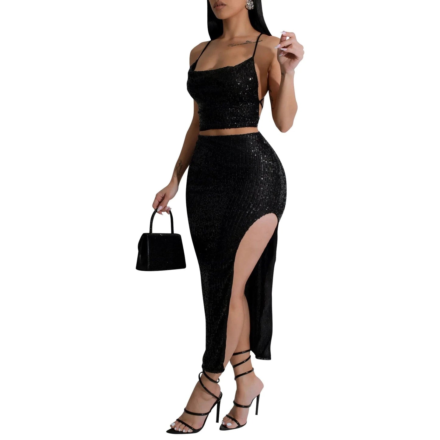 CM.YAYA Women Strapless Sleeveless Sequined Top + Long Skirt Suit 2025 Street Sexy Party Matching Two 2 Piece Dress Sets Outfit
