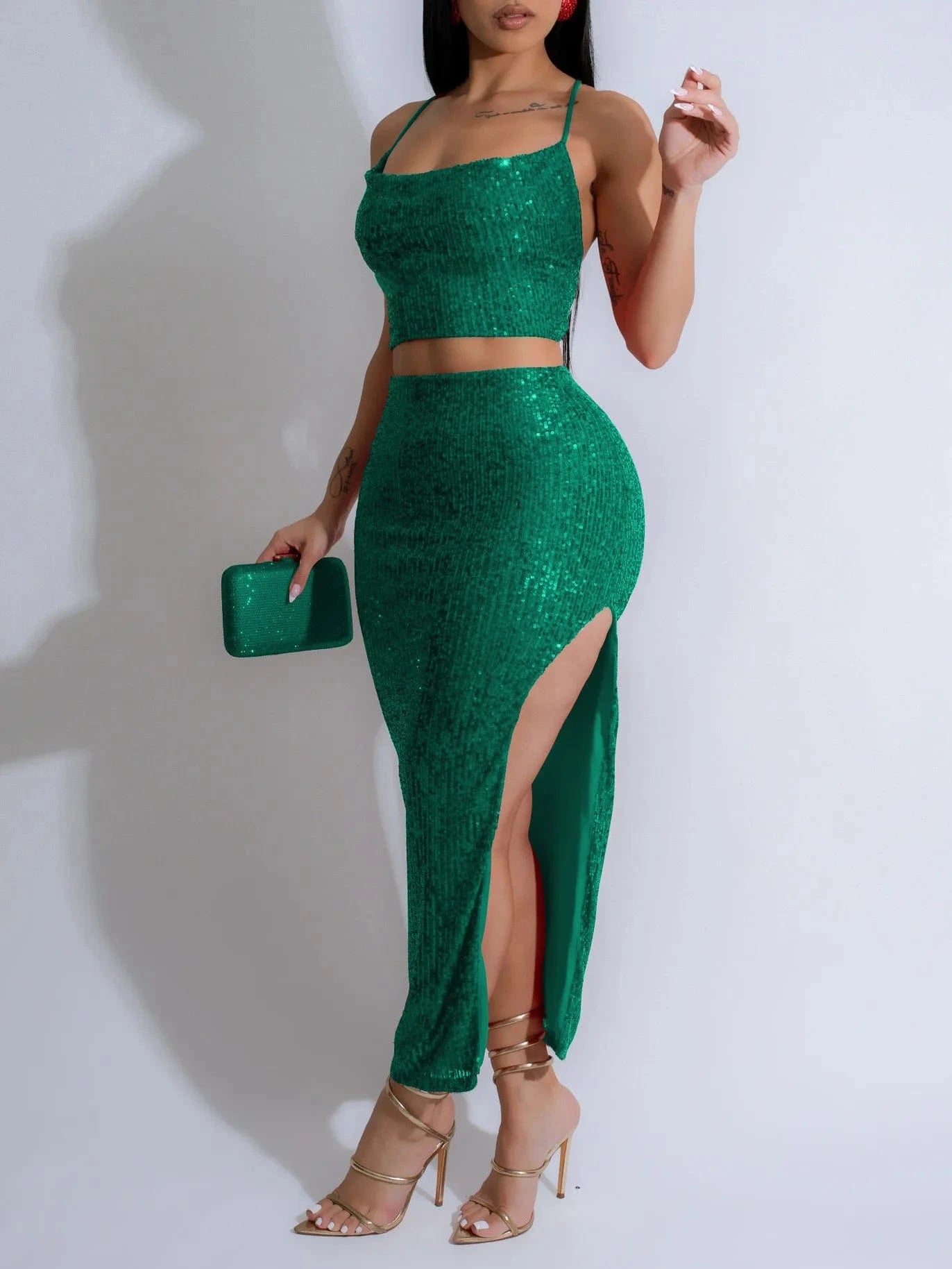 CM.YAYA Women Strapless Sleeveless Sequined Top + Long Skirt Suit 2025 Street Sexy Party Matching Two 2 Piece Dress Sets Outfit
