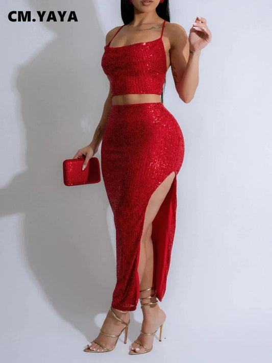 CM.YAYA Women Strapless Sleeveless Sequined Top + Long Skirt Suit 2025 Street Sexy Party Matching Two 2 Piece Dress Sets Outfit