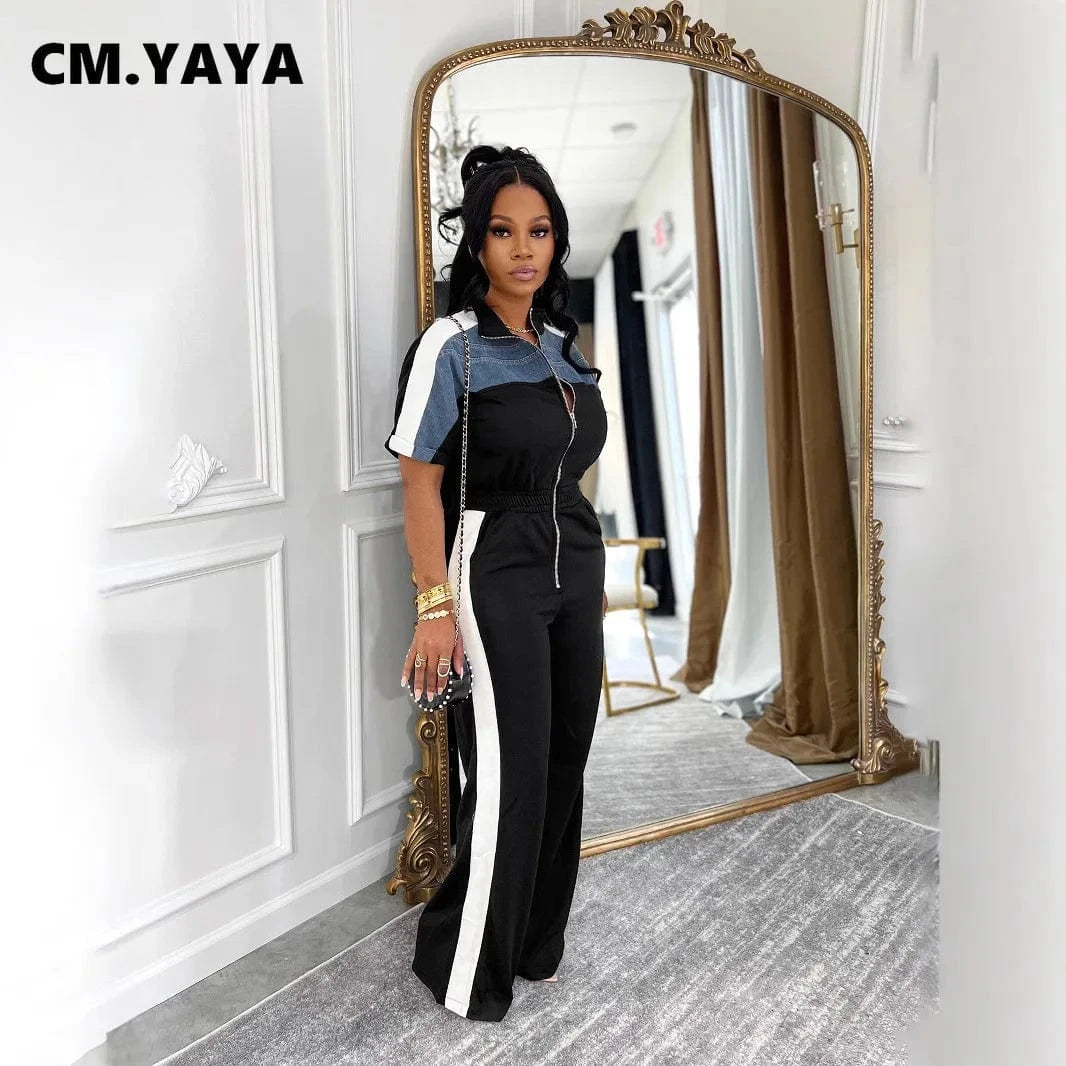 CM.YAYA Women Zipper Short Sleeve Wide Leg Jumpsuits Summer Denim Patchwork Street Holiday OL Night Party One Piece Suit Romper