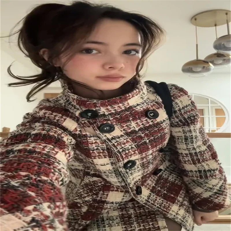 Coat Plaid Double Breasted With High Collar And Puff Sleeves – Elegant Winter Outerwear - SN Wigs & More