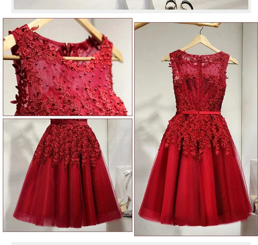 Cocktail Dress Little Appliques Beading Pink Wedding Formal Dresses Flowers Illusion Knee Length Party Gown