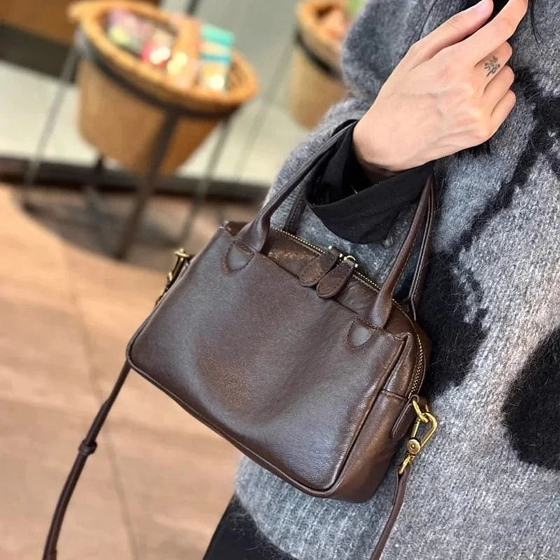 Coffee / 22x8x16cm Women Natural Cow Leather Handbags Ladies High Quality Shoulder Bag Female Fashion Retro Luxury Designer Cowhide Crossbody Bags