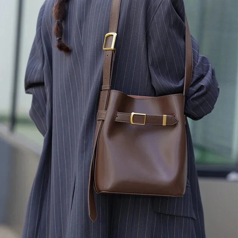 Coffee / 22x8x18cm Cow Split Leather Bucket Bag Women Vintage messenger High Quality Simple Handbag Lady Shoulder Bag Luxury Female Crossbody Bags
