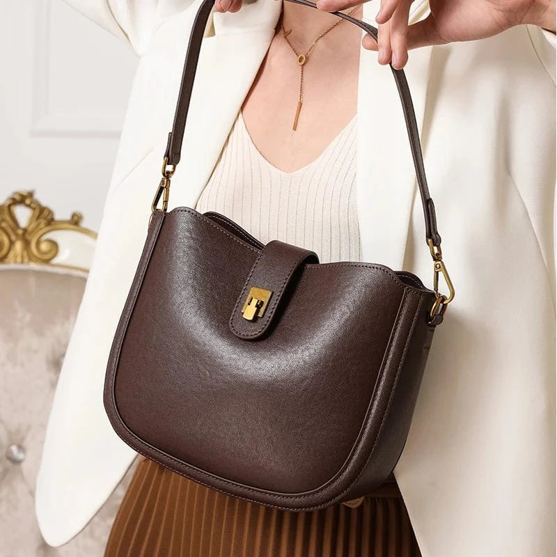 Coffee / 24x9x19cm Women‘s Cowhide Genuine Leather Shoulder Bag Ladies Soft Natural Cow Leather Handbag Female Fashion Luxury Design Crossbody Bags