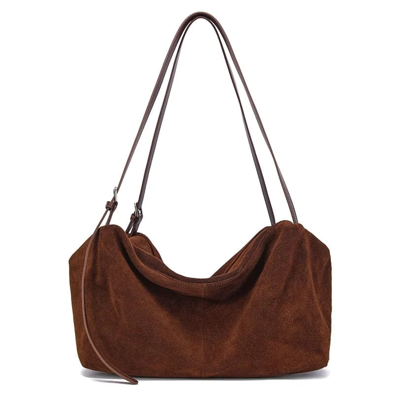 Coffee / 34x14x20cm Women's Suede Genuine Leather Shoulder Bags Ladies Frosted Cowhide Crossbody Bag Female Design Luxury and Lazy Commuting Handbag