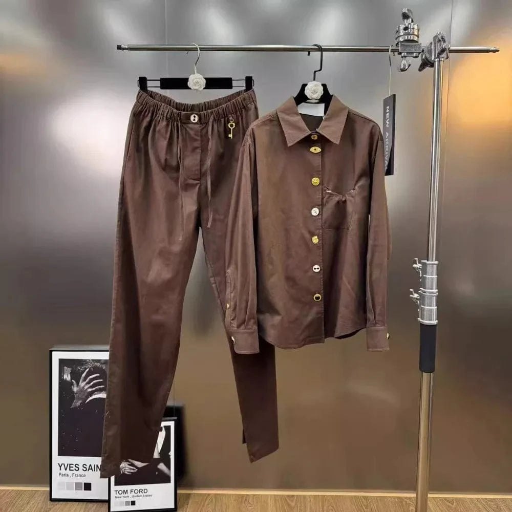 COFFEE / L VGH Chic Spliced Metal Buckles Two Piece Set for Women Lapel Long Sleeve Top High Waist Patchwork Drawstring Pants Suit Female