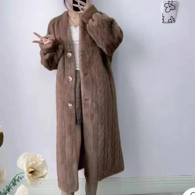 Coffee / M 2025 Winter New Thick Women's Long Imitation Mink Plush Cardigan With Integrated Fur Eco-Friendly Hooded Fur Coat Solid Color