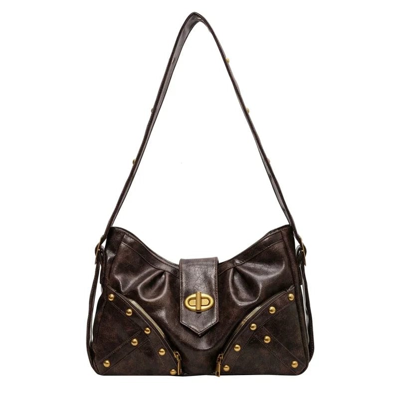 Coffee Rivets Design Retro Shoulder Bags for Women 2024 PU Leather Vintage Ladies Handbags Female Crossbody Bags