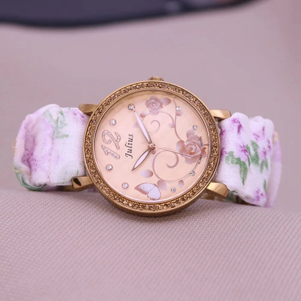 Coffee Rose Flower Japan Quartz Lady Women's Watch Elegant Lattice Fashion Hour Bracelet Elastic Watch Band Girl's Gift Julius No Box