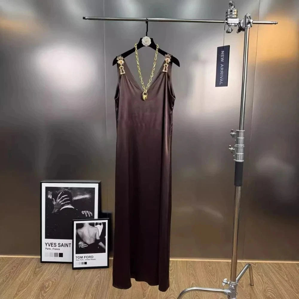 COFFEE / S VGH Minimalist Spliced Chain Long Sundresses for Women V Neck Sleeveless High Waist Patchwork Metal Buckles Dress Female Summer