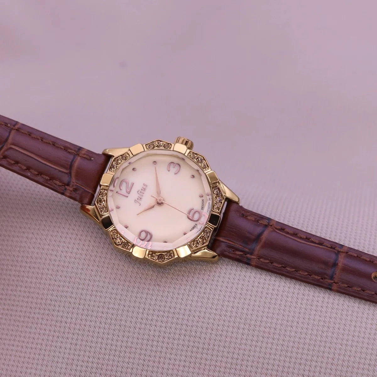 Coffee Small Rhinestones Julius Lady Women's Watch Mother-of-pearl Japan Quartz Fashion Hours Bracelet Leather Girl's Gift No Box