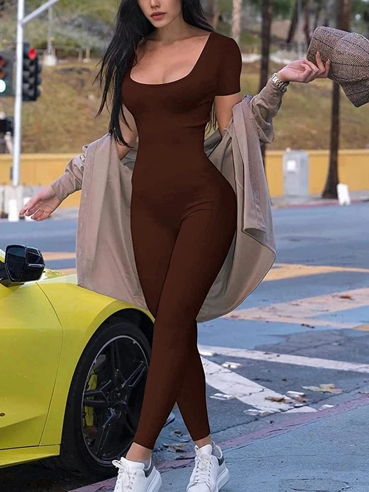 Coffee / XXL Women's Rompers Short Sleeve Solid Skinny Bodycon Jumpsuits Fashion Sports Fitness Casual Activity Streetwear Overalls
