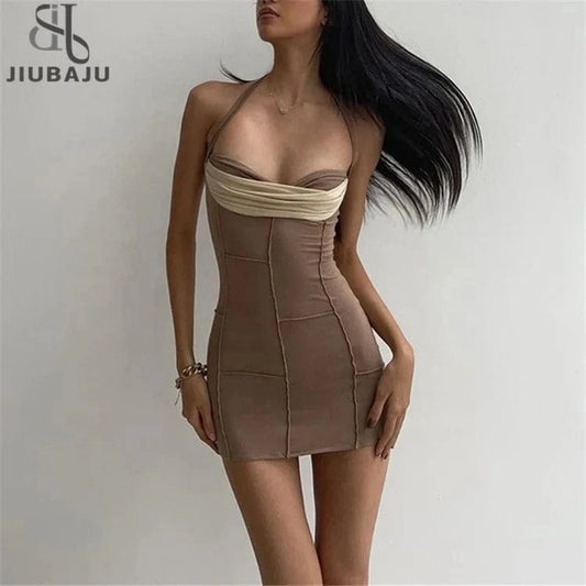 Color Block Mesh Patchwork Holiday Dress Women Halter Neck Backless Bandage Short Dress